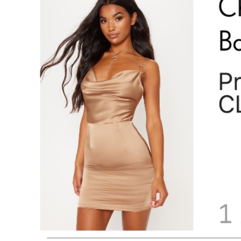 Champagne Satin Cowl Neck Ring Bodycon Dress